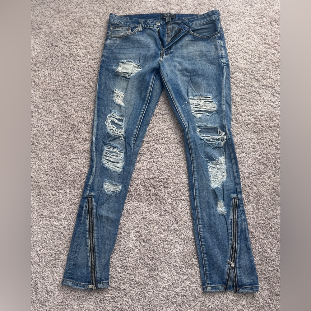 Distressed Blue Men’s Jeans with Ankle Zips